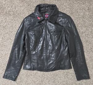Vintage Underground Womens Black Leather Jacket Size M Zip Up Moto Biker Y2K